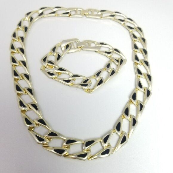 Vintage Black Enamel and Gold Tone Chain Necklace and Bracelet Set, Retro Estate - Picture 1 of 8